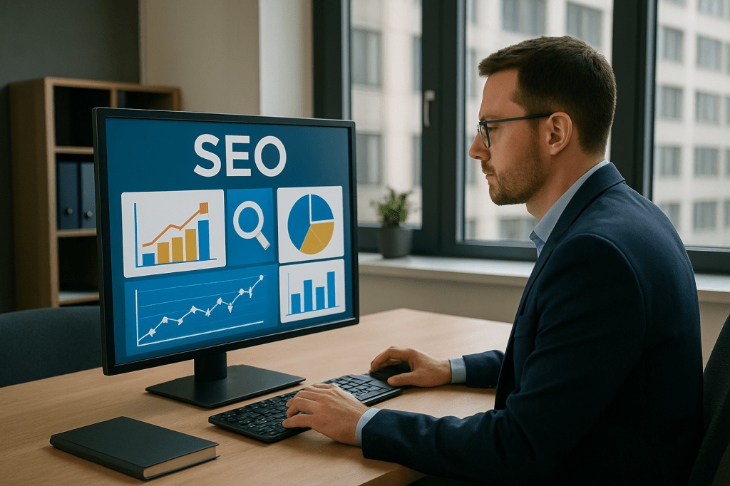 Person som jobber med SEO. Laget av AI.